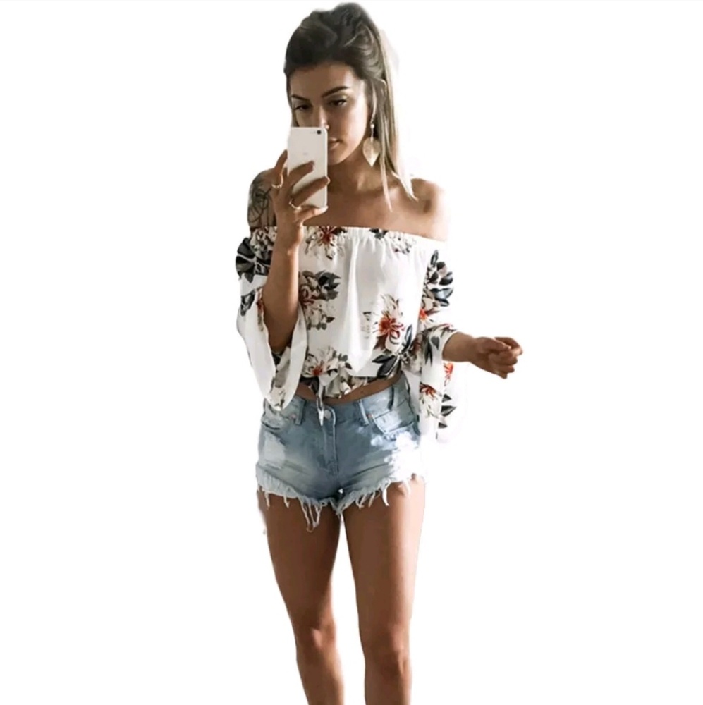 Womens Off Shoulder Casual Summer Crop Top - Picture 7 of 7